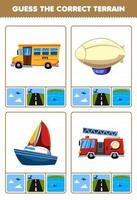 Bildungsspiel für Kinder Erraten Sie das richtige Gelände Luft Land oder Wasser von Cartoon Transport Bus Zeppelin Segelboot Feuerwehrauto Druckbares Arbeitsblatt