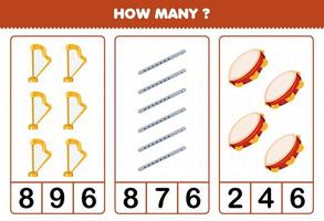 Bildungsspiel für Kinder, die zählen, wie viele Zeichentrick-Musikinstrumente Harfe Flöte Tamburin druckbares Arbeitsblatt sind vektor