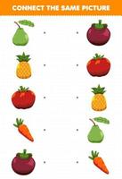 utbildningsspel för barn anslut samma bild av tecknad frukt och grönsak guava ananas tomat morot mangostan utskrivbart kalkylblad vektor