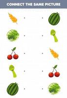 Lernspiel für Kinder Verbinden Sie das gleiche Bild von Cartoon Obst und Gemüse Weizen Kohl Kirsche Spargel Wassermelone druckbares Arbeitsblatt
