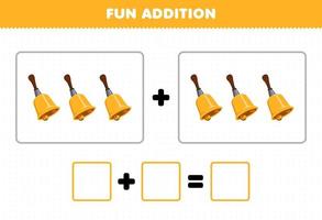 Bildungsspiel für Kinder Spaßzusatz durch Zählen des Arbeitsblatts für Cartoon-Musikinstrument-Glockenbilder vektor