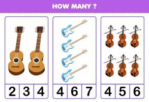 Bildungsspiel für Kinder, die zählen, wie viele Cartoon-Musikinstrumente Gitarre Bass Violine Arbeitsblatt zum Ausdrucken vektor