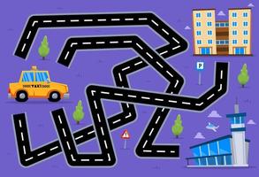 labyrint pusselspel för barn hjälpa tecknad transport taxi hitta rätt väg till byggnaden eller flygplatsen vektor
