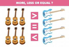 Bildungsspiel für Kinder mehr weniger oder gleich zählen die Menge an druckbarem Arbeitsblatt für Cartoon-Musikinstrumente Gitarre und Bass vektor