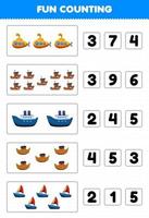 Bildungsspiel für Kinder Spaß beim Zählen und Auswählen der richtigen Anzahl von Cartoons Wassertransport U-Boot Fähre Schiff Arche Segelboot Druckbares Arbeitsblatt