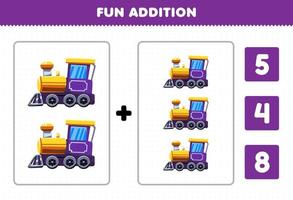 Bildungsspiel für Kinder Spaß Addition durch Zählen und wählen Sie die richtige Antwort des druckbaren Arbeitsblatts für Cartoon-Transportzuglokomotiven vektor