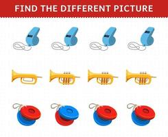 Bildungsspiel für Kinder Finden Sie das unterschiedliche Bild in jeder Reihe des druckbaren Arbeitsblatts für Cartoon-Musikinstrumente Pfeifen Trompete Kastagnetten