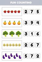 Bildungsspiel für Kinder Spaß beim Zählen und Auswählen der richtigen Anzahl von Cartoon-Obst und Gemüse Apfel Orange Brokkoli Kartoffel Auberginen Druckbares Arbeitsblatt vektor