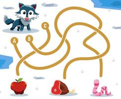 Labyrinth-Puzzle-Spiel für Kinder mit niedlichem Cartoon-Tierwolf auf der Suche nach dem richtigen Essen, Apfel, Rind, Wurm oder druckbarem Arbeitsblatt vektor