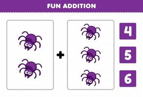 utbildningsspel för barn roligt tillägg av antal och välj rätt svar på söt tecknad insektsdjurspindel utskrivbart kalkylblad vektor