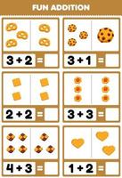 Lernspiel für Kinder Spaß Addition durch Zählen und Summen Cartoon Lebensmittel Keks Plätzchen Bilder Arbeitsblatt vektor