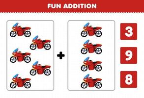 Lernspiel für Kinder Spaß Addition durch Zählen und wählen Sie die richtige Antwort des druckbaren Arbeitsblatts Cartoon Fahrrad Transport Motorrad vektor