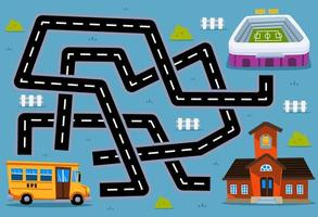 Labyrinth-Puzzle-Spiel für Kinder Helfen Sie dem Cartoon-Transportbus, den richtigen Weg zur Schule oder zum Stadion zu finden vektor