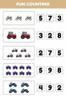 Bildungsspiel für Kinder Spaß beim Zählen und Auswählen der richtigen Anzahl von Zeichentrickfilmen Offroad Transport Motocross Traktor Buggy Auto Monstertruck Quad Fahrrad Arbeitsblatt zum Ausdrucken vektor