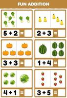 Lernspiel für Kinder Spaß Zusatz durch Zählen und Summe Cartoon Salat Birne Kürbis Wassermelone Kohl Erdbeer Bilder Arbeitsblatt vektor