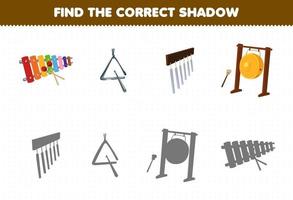 utbildning spel för barn hitta rätt skugguppsättning av tecknade musikinstrument xylofon triangel chimes gong vektor