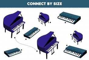 Lernspiel für Kinder Verbinden Sie sich durch die Größe des druckbaren Arbeitsblatts für Cartoon-Musikinstrumente Klavier und Tastatur vektor
