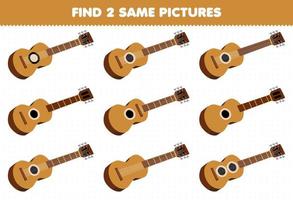 Bildungsspiel für Kinder Finden Sie zwei gleiche Bilder Cartoon Musikinstrument Gitarre Druckbares Arbeitsblatt vektor