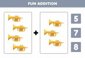 Lernspiel für Kinder Spaß Addition durch Zählen und wählen Sie die richtige Antwort des druckbaren Arbeitsblatts Cartoon Musikinstrument Trompete vektor