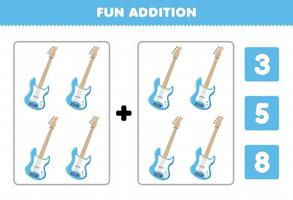 Lernspiel für Kinder Spaß Addition durch Zählen und wählen Sie die richtige Antwort des druckbaren Arbeitsblatts Cartoon Musikinstrument Bass vektor
