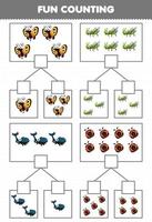 Bildungsspiel für Kinder Spaß beim Zählen von Bildern in jeder Schachtel mit niedlichem Cartoon-Insekten-Tier-Schmetterling Heuschrecke Käfer Marienkäfer Druckbares Arbeitsblatt vektor