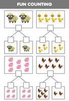utbildningsspel för barn rolig räkning bild i varje låda med söta tecknade gårdsdjur får anka gris kyckling utskrivbart arbetsblad vektor