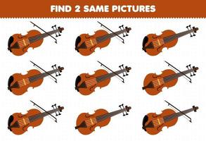 utbildning spel för barn hitta två samma bilder tecknad musikinstrument fiol utskrivbart kalkylblad vektor