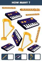 Lernspiel für Kinder, die suchen und zählen, wie viele Objekte Cartoon Musikinstrument Flöte Synthesizer Harfe Arbeitsblatt zum Ausdrucken vektor