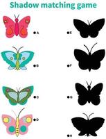 fjärilar skuggmatchande aktivitet för barn. roligt vårpussel med söta insekter. vektor