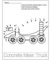 Punkt zu Punkt Kinder Puzzle Arbeitsblatt Cartoon Zeichnung Baufahrzeug. Lernspiel zum Nachzeichnen und Färben. vektor