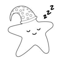 målarbok för barn. rita en söt tecknad stjärna som sover i en sovmössa. vektor isolerad på en vit bakgrund.