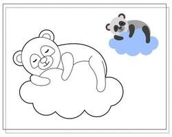 Malbuch für Kinder. Zeichne einen niedlichen Cartoon-Panda, der in den Wolken schläft, basierend auf der Zeichnung. Vektor isoliert auf weißem Hintergrund.
