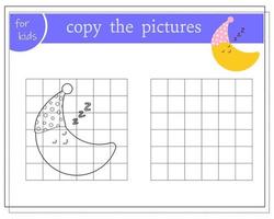 kopiera bilden, pedagogiska spel för barn, tecknad måne sover i en sömnmössa. vektor isolerad på en vit bakgrund