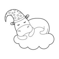 Malbuch für Kinder. Zeichnen Sie ein niedliches Cartoon-Nilpferd, das auf einer Wolke schläft. Vektor isoliert auf weißem Hintergrund.