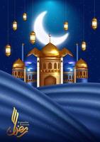 vertikale Grußkarte Ramadan Kareem mit Moschee und Vorhang vektor