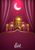 eid mubarak rosa med moské gratulationskort vektor