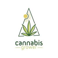 marijuana cannabisblad med sol logotyp design, enkelt minimalistiskt gräs med solljus logotyp vektor