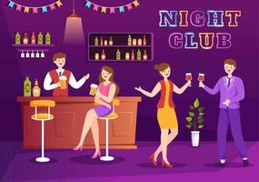 nachtclub-cartoon-illustration mit nachtleben wie junge leute trinken alkohol und jugendtanz begleitet von dj-musik im rampenlicht