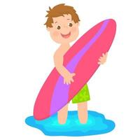 söt liten pojke surfare håller surfbräda, sommarlov vektor