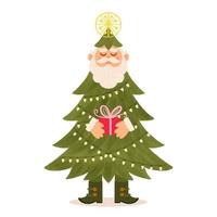 julhälsningskort med jultomten bakom ett dekorerat träd vektor