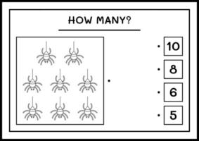 hur många spindel, spel för barn. vektor illustration, utskrivbart kalkylblad