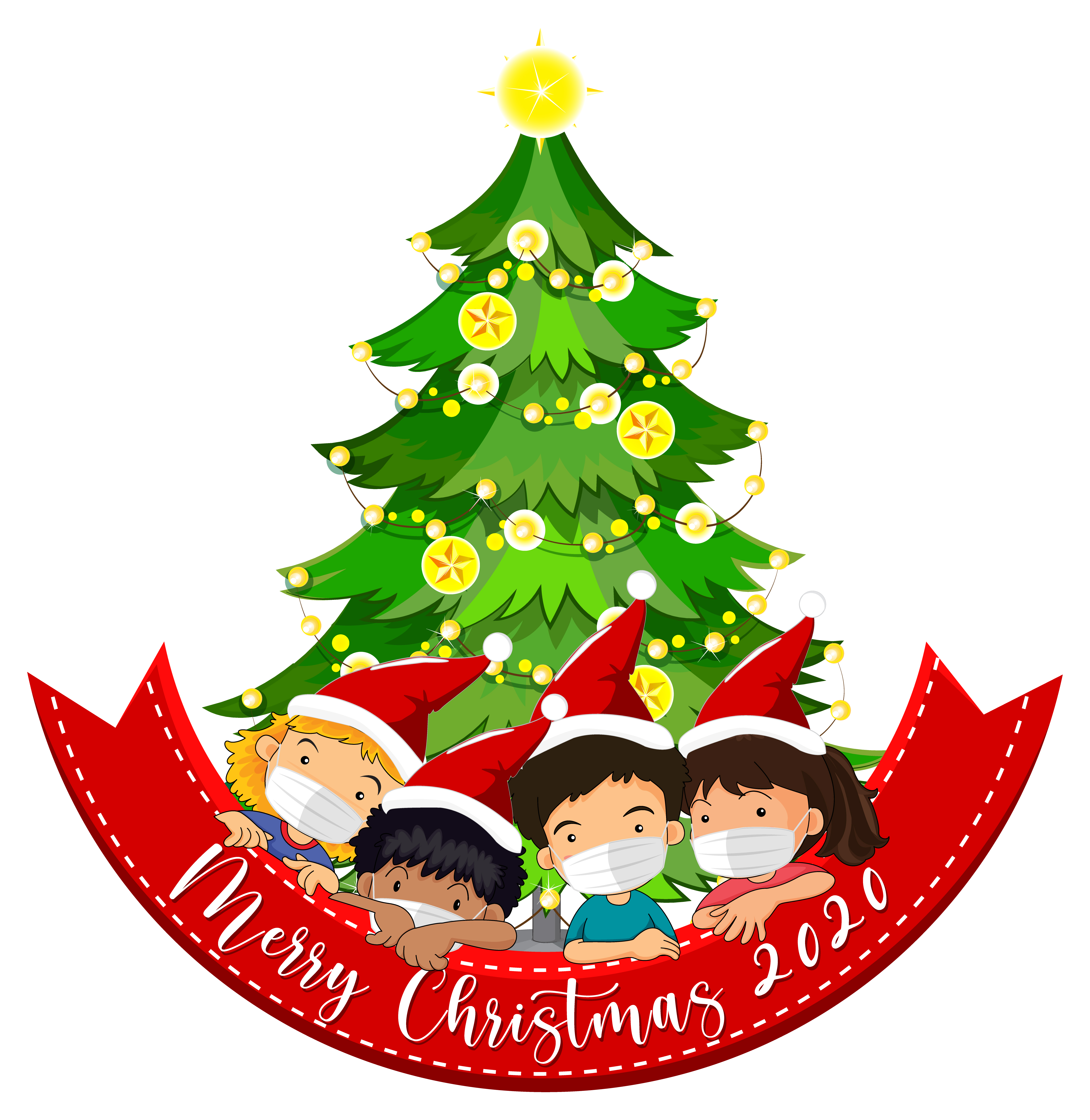 Frohe Weihnachten Banner Mit Maskierten Kindern Und Baum Download Kostenlos Vector Clipart Graphics Vektorgrafiken Und Design Vorlagen