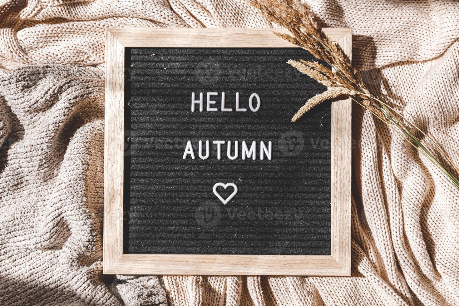 fond automnal. tableau à lettres noir avec phrase de texte bonjour automne et herbe séchée allongée sur un pull en tricot blanc. vue de dessus, mise à plat. bannière d'action de grâces. concept de temps froid d'humeur hygge photo