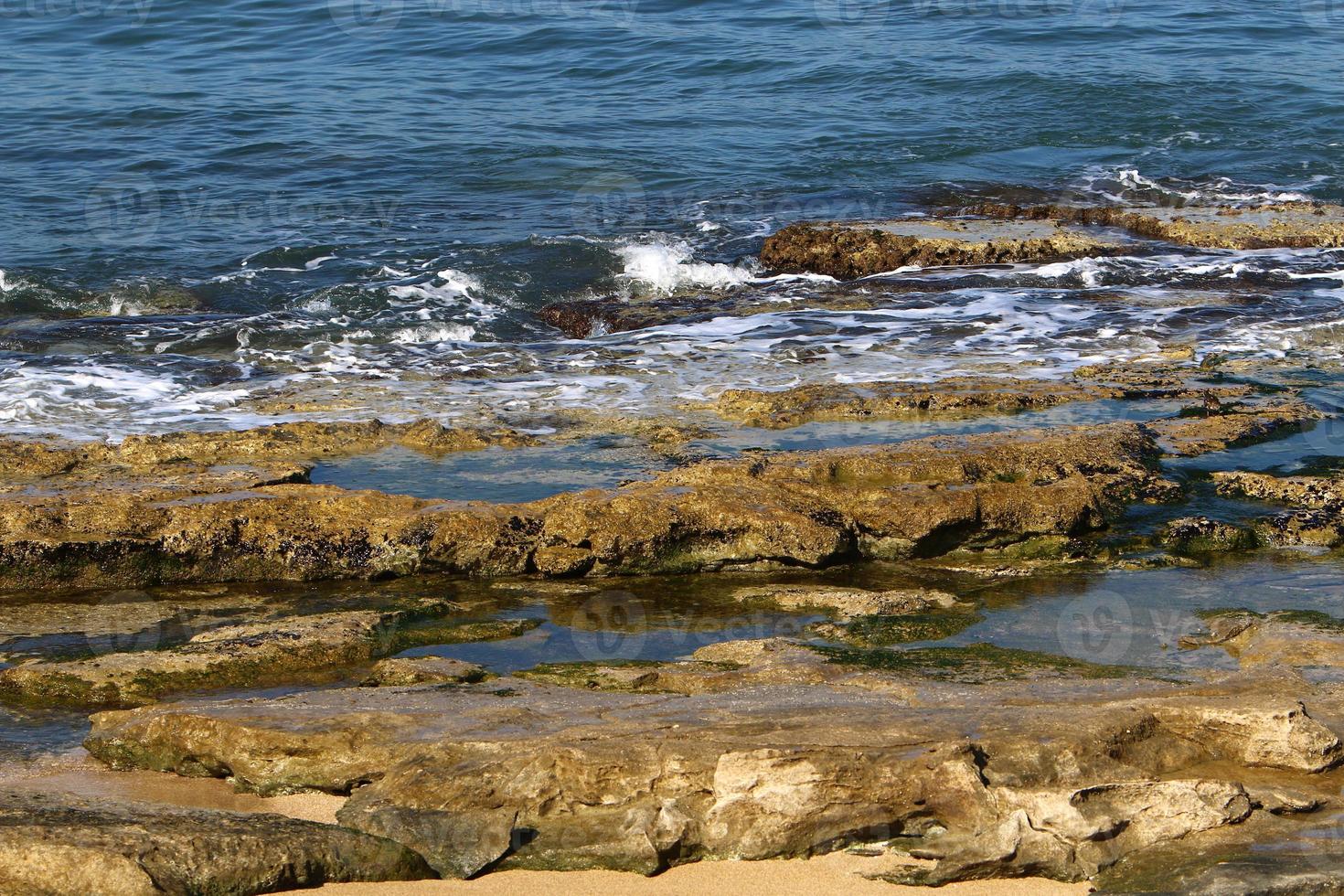 rivage rocheux de la mer méditerranée dans le nord d'israël. photo
