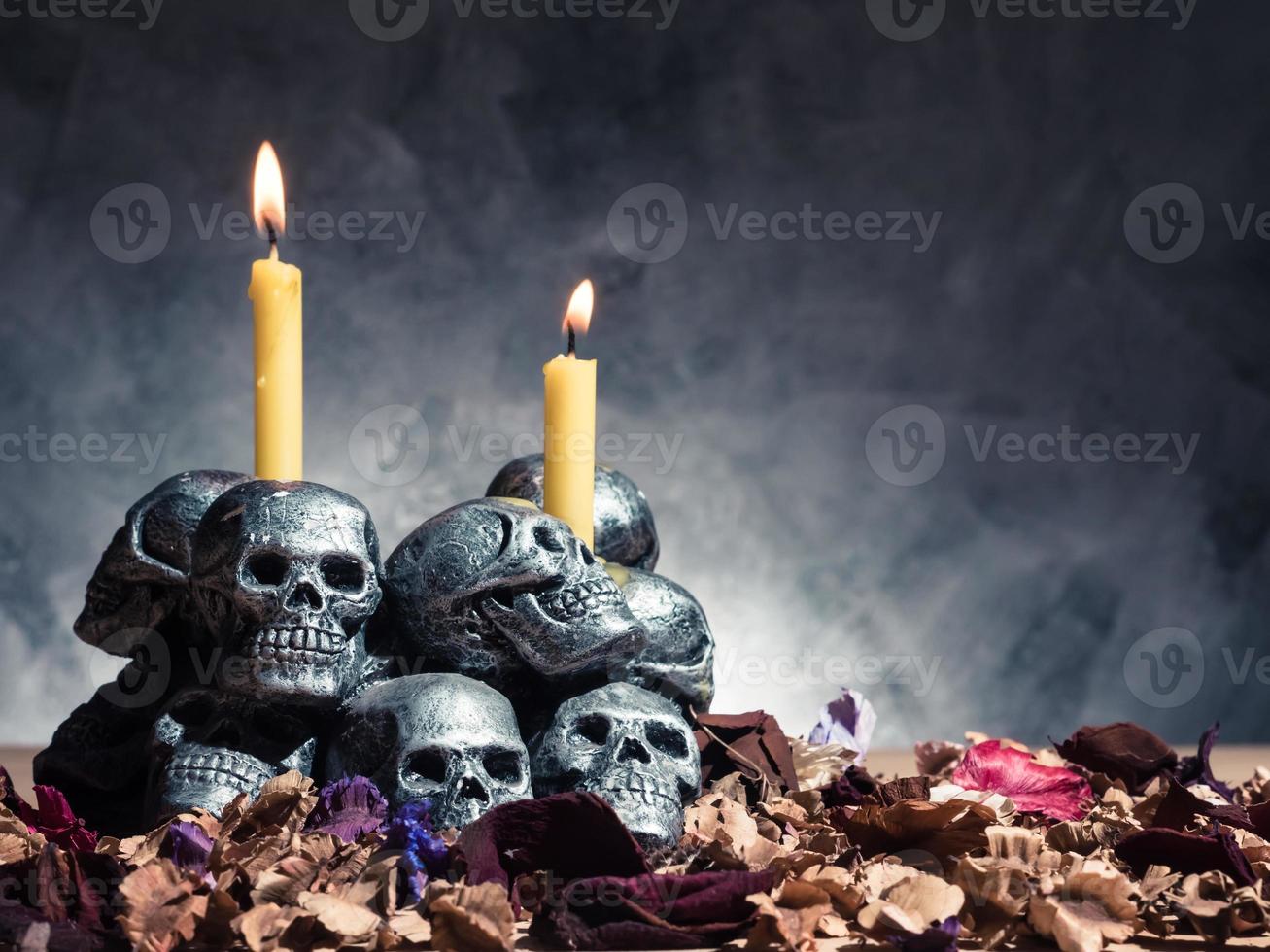 crânes avec bougie allumée et fleurs séchées sur fond sombre. photo