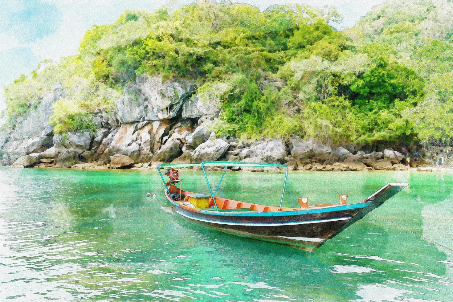 bateau à longue queue et île en mer de thaïlande, style de peinture numérique à l'aquarelle photo