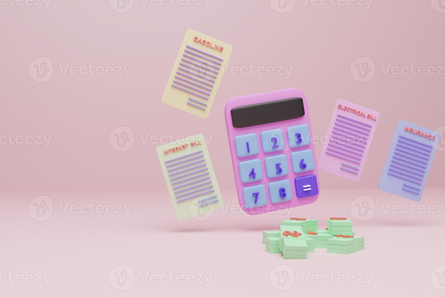 calculatrice rose pastel, dépenses diverses, argent, sur fond rose pastel, rendu 3d, illustration 3d, couleur moderne, design minimaliste. photo