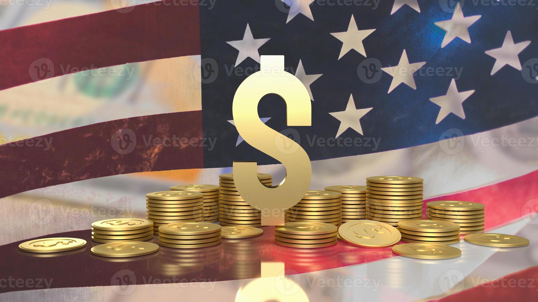 le dollar d'or et les pièces d'or fond de drapeau américain pour le rendu 3d du concept d'entreprise photo
