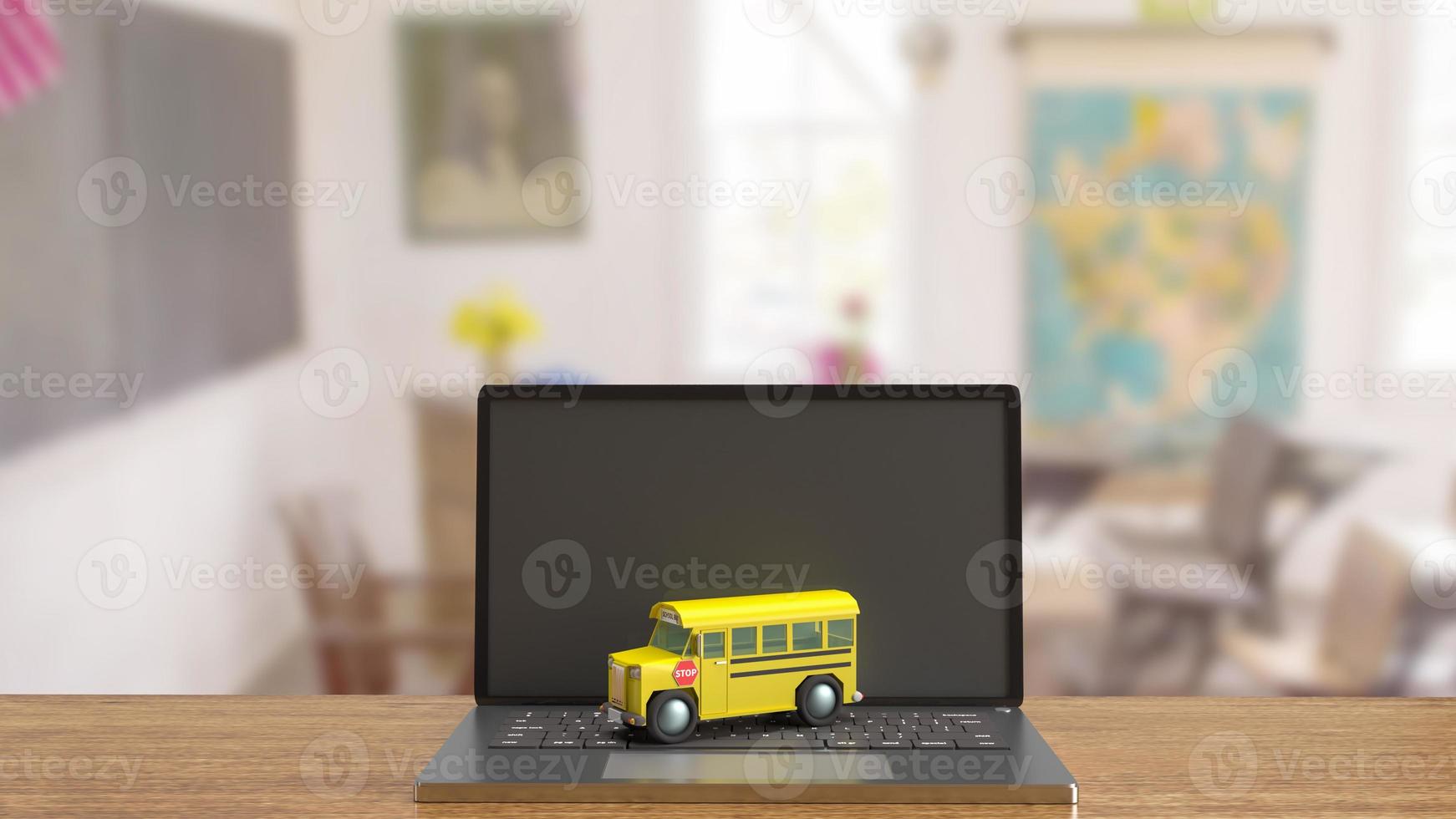 autobus scolaire sur ordinateur portable pour le rendu 3d du concept d'apprentissage en ligne photo