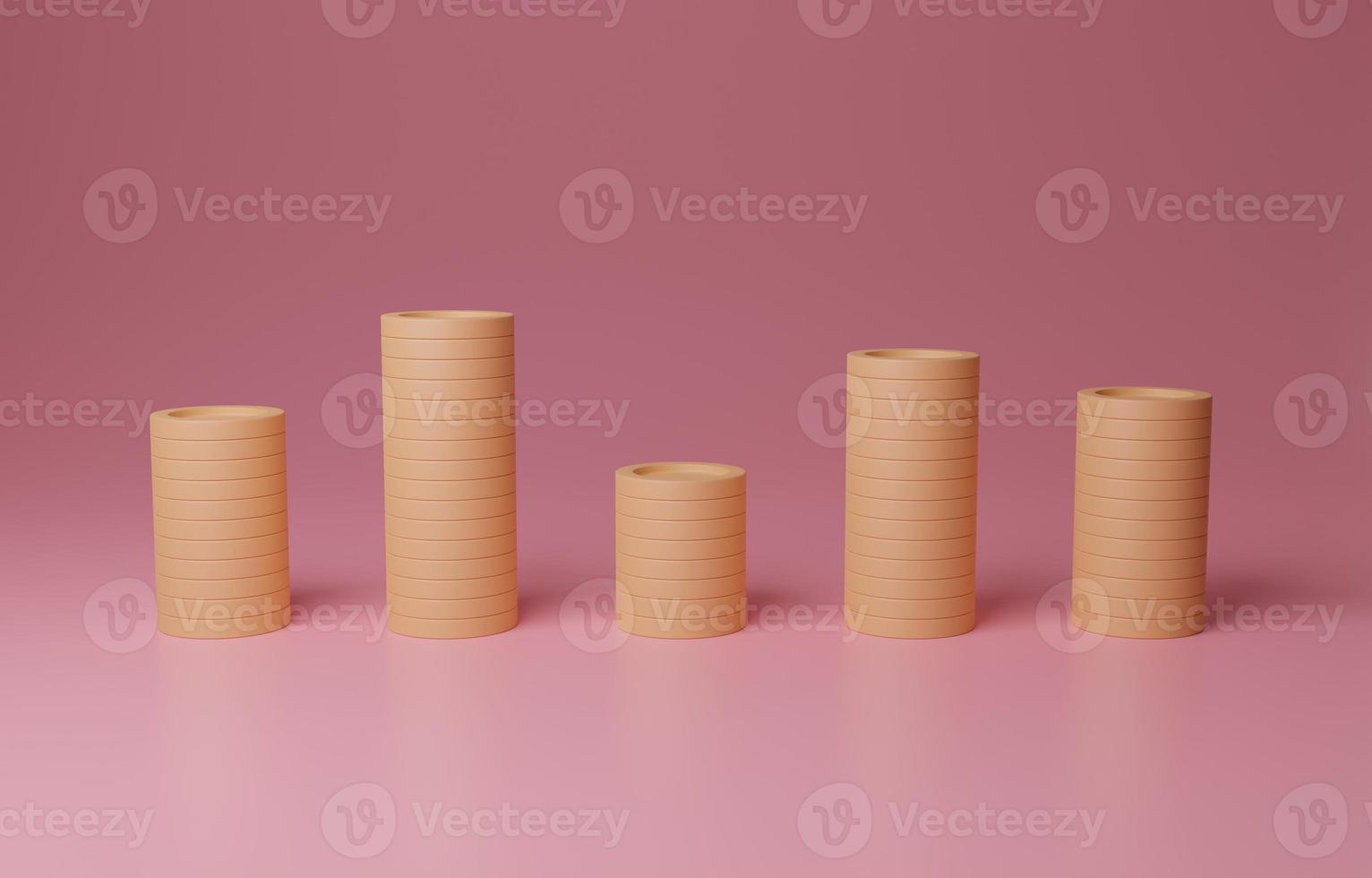 piles de pièces avec un nombre inégal de pièces, revenu personnel incertain ou profession indépendante, concept de situation financière instable, illustration 3d. photo